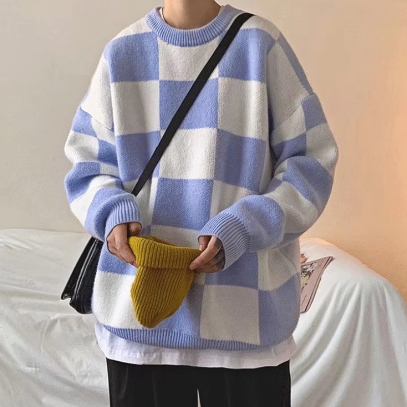 Áo sweater cổ tròn dáng rộng kẻ sọc ca rô phong cách Hàn Quốc retro thời trang cho cặp đôi