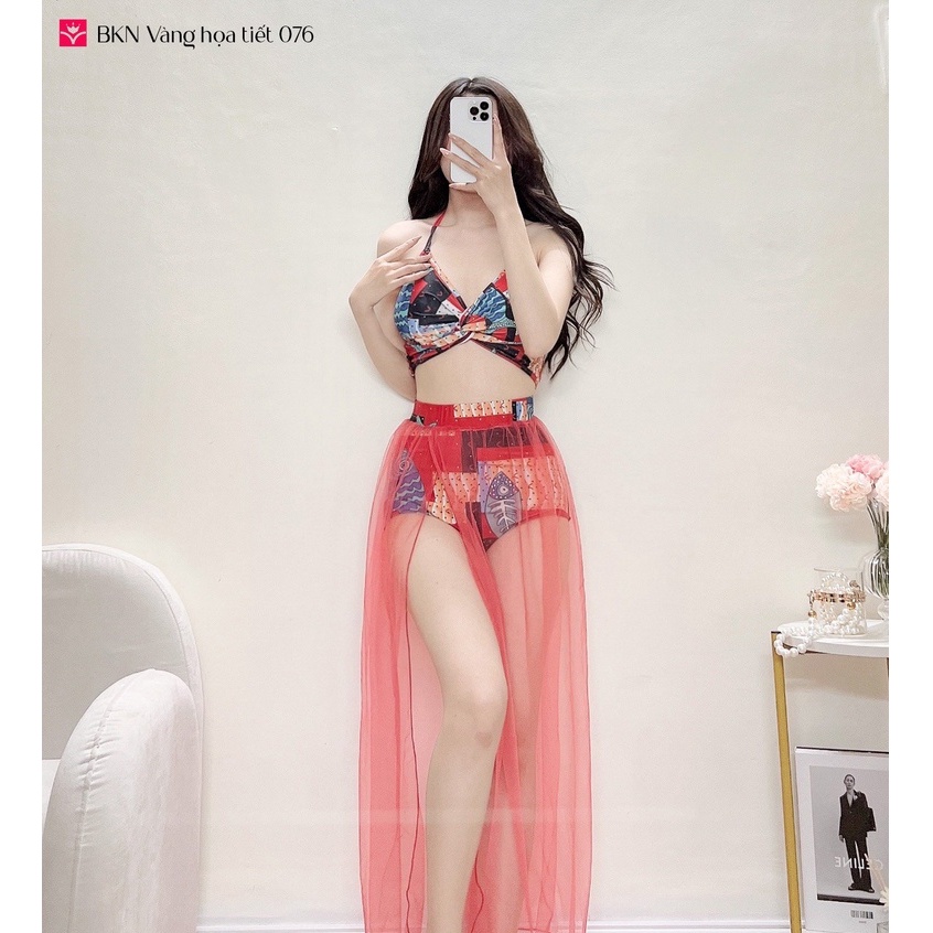 Bikini đi biển vàng họa tiết 076 - LULIQUEEN - Đồ bơi 3 mảnh kèm khăn