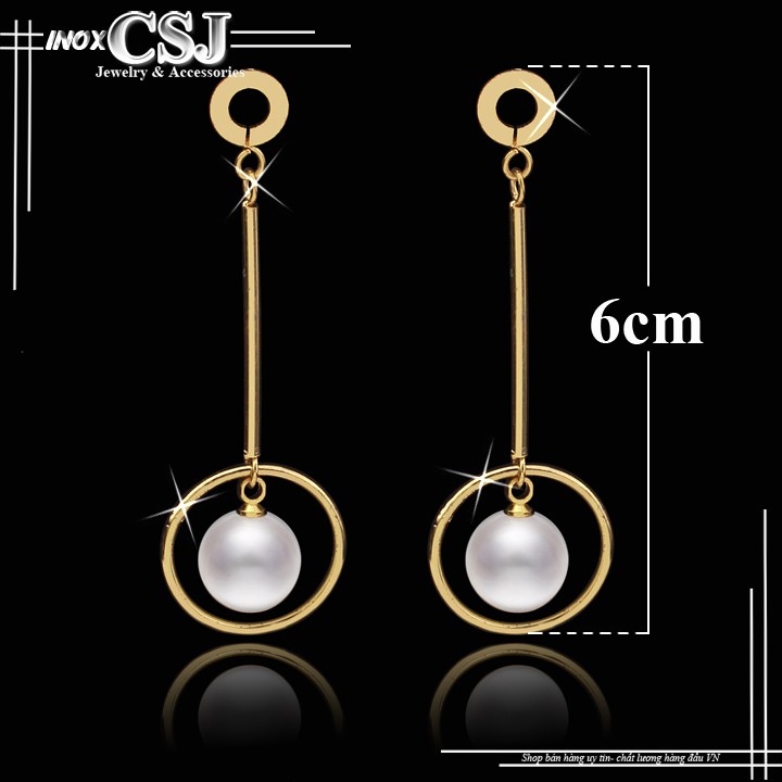 Bông tai inox nữ tòn ten cách điệu ngọc trai mạ vàng cực thời trang