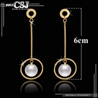 Bông tai inox nữ tòn ten cách điệu ngọc trai mạ vàng cực thời trang