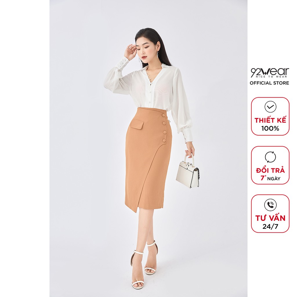 Áo sơ mi nữ công sở 92WEAR dài tay vải voan cổ tim thanh lịch trẻ trung ASA1893