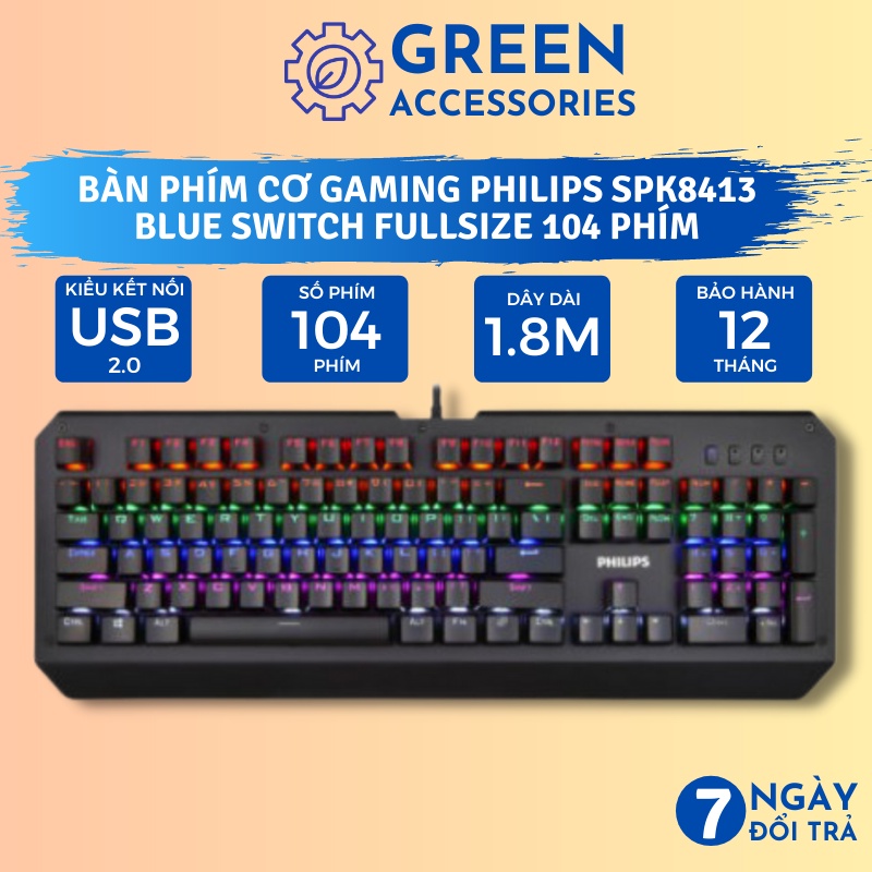 Bàn Phím Cơ Philips SPK8413 Led Gaming Blue Switch (Đen) - Tem chống hàng giả - BH 12 Tháng Chính Hãng
