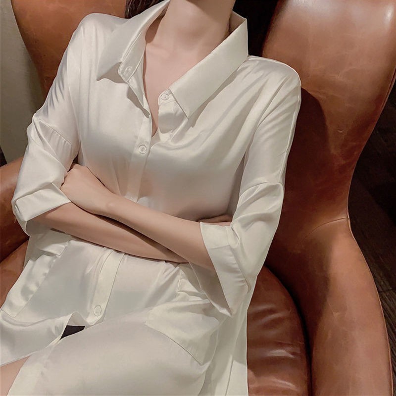 đồ ngủ▦┅❄Băng Váy ngủ lụa nữ tính quyến rũ áo sơ mi trắng nhóm size lớn có thể mặc bên ngoài đồ gió tinh khiết