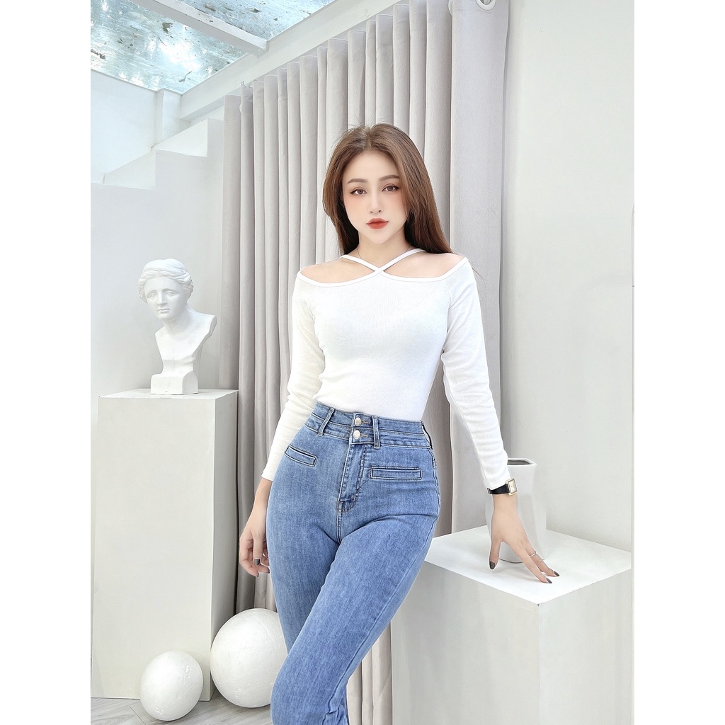 Áo thun cổ yếm tay dài hở vai nữ CRAZYTEEN nữ tính AT0296