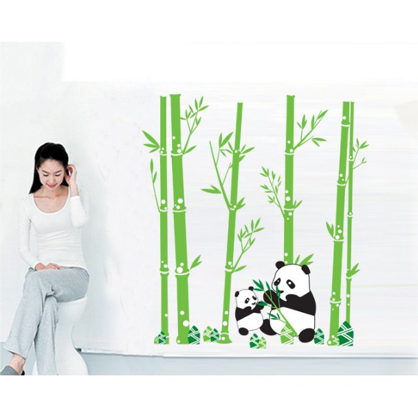 Decal trang trí tường Cây Trúc Xanh và Gấu trúc 2 Mẹ con