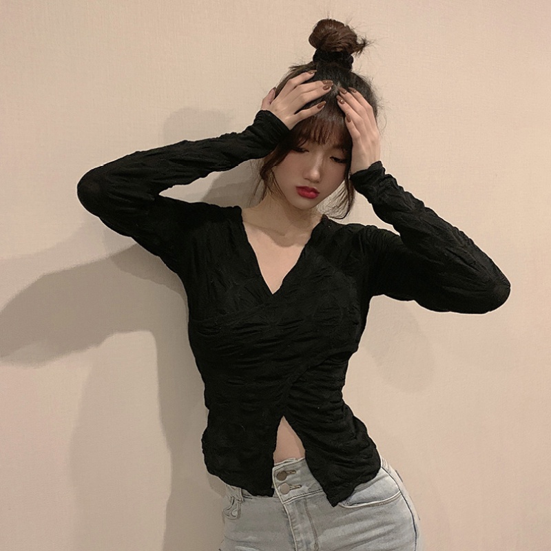 Áo kiểu xẻ tà dáng ngắn quyến rũ thời trang mùa thu dành cho nữ