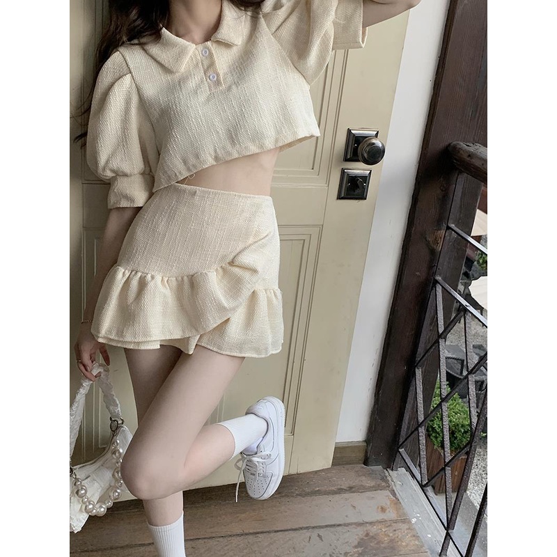 Set Áo Croptop Cổ Polo Ngắn Tay / Chân Váy Dáng Chữ A Độc Đáo Thời Trang Mùa Hè Cho Nữ (Có Bán Lẻ)
