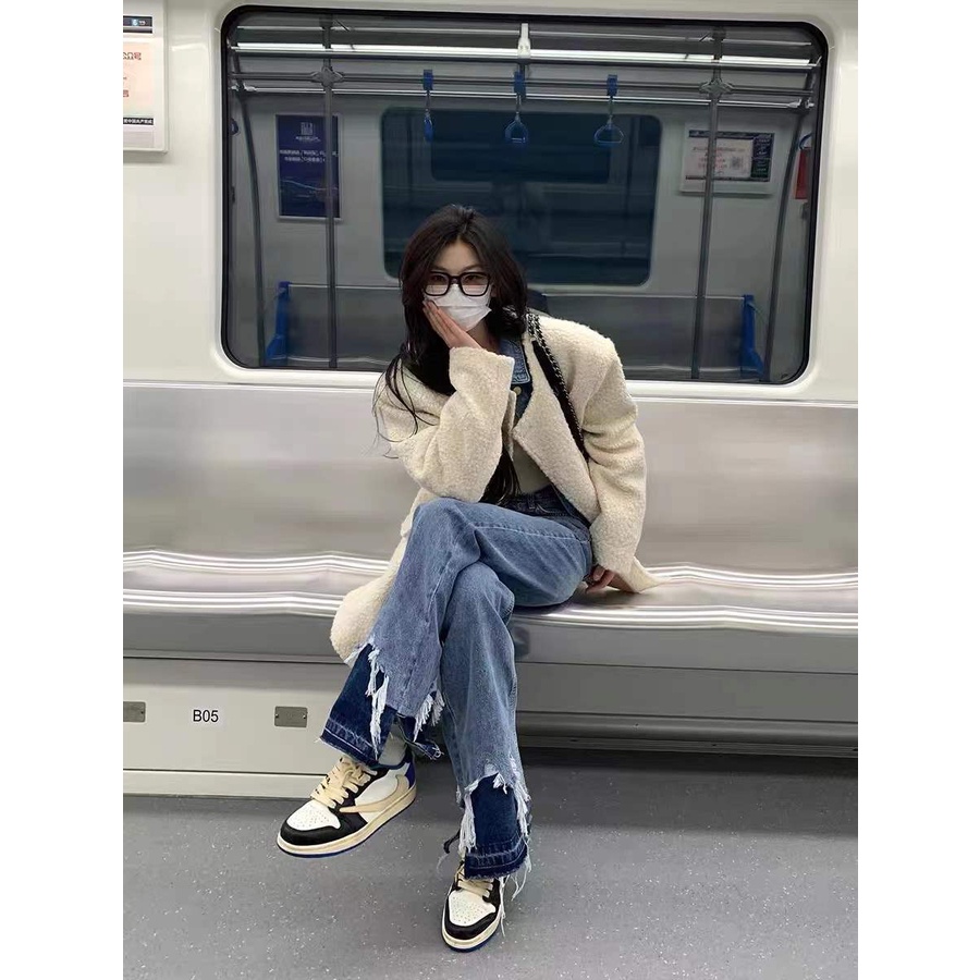 Personalized Street hot girl design style pants contrast color stitching denim straight wide leg loose trousers mop pants trendy uA4P
