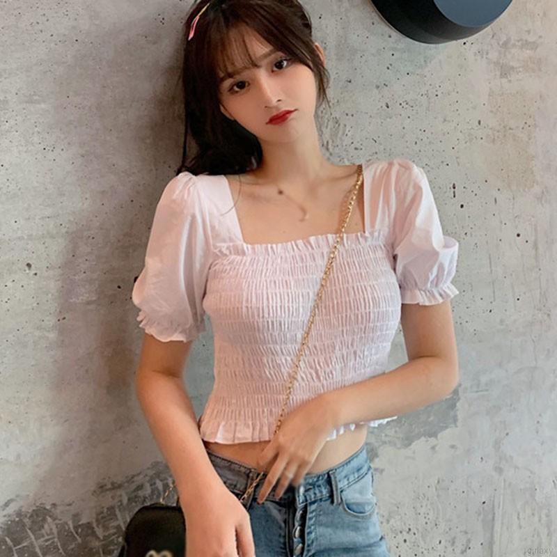 Áo Kiểu Tay Ngắn Cổ Vuông Thời Trang Hàn Quốc Xinh Xắn Dành Cho Nữ