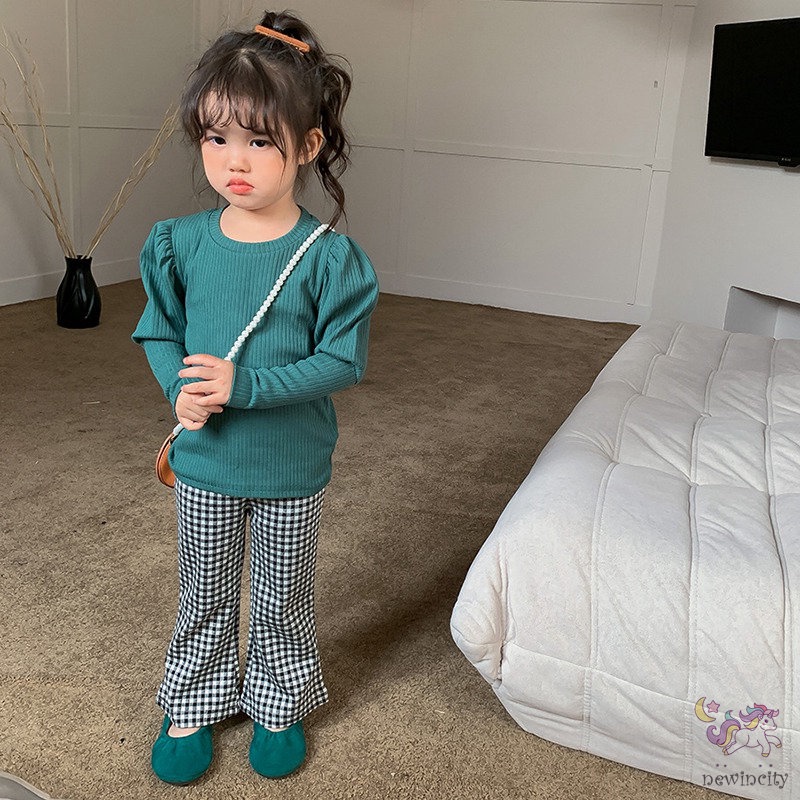 Quần Dài Ống Loe Họa Tiết Sọc Caro Phong Cách Retro Hàn Quốc Cho Bé Gái