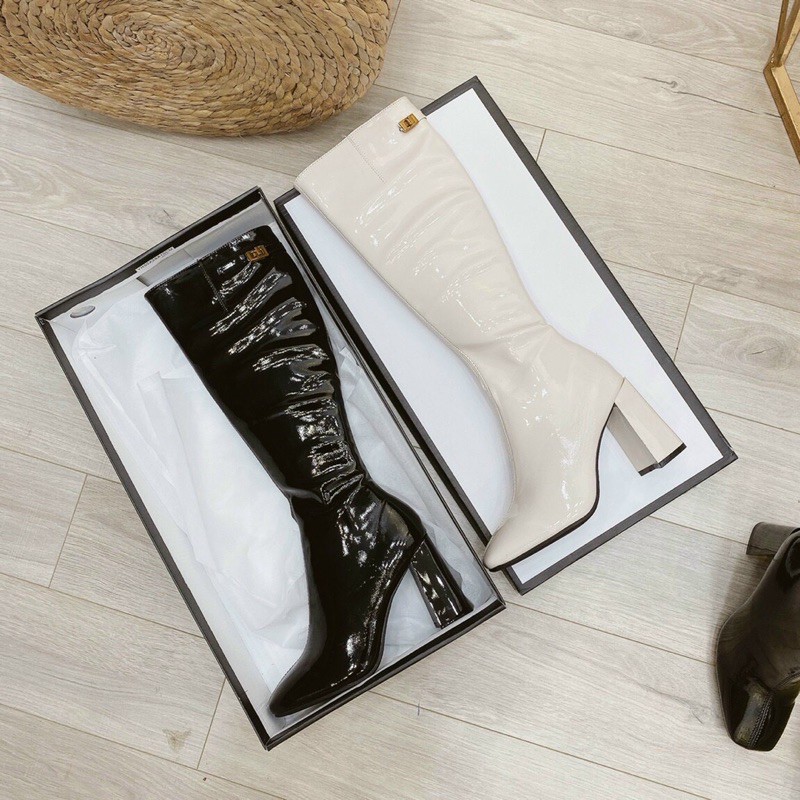 Boot da đùi khoá cạnh da bóng đen trắng sữa | BigBuy360 - bigbuy360.vn