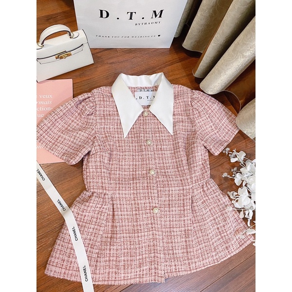 Fiona Top - Áo tweed cộc tay dáng babydoll cổ cách điệu tay bồng - Hàng thiết kế DTM