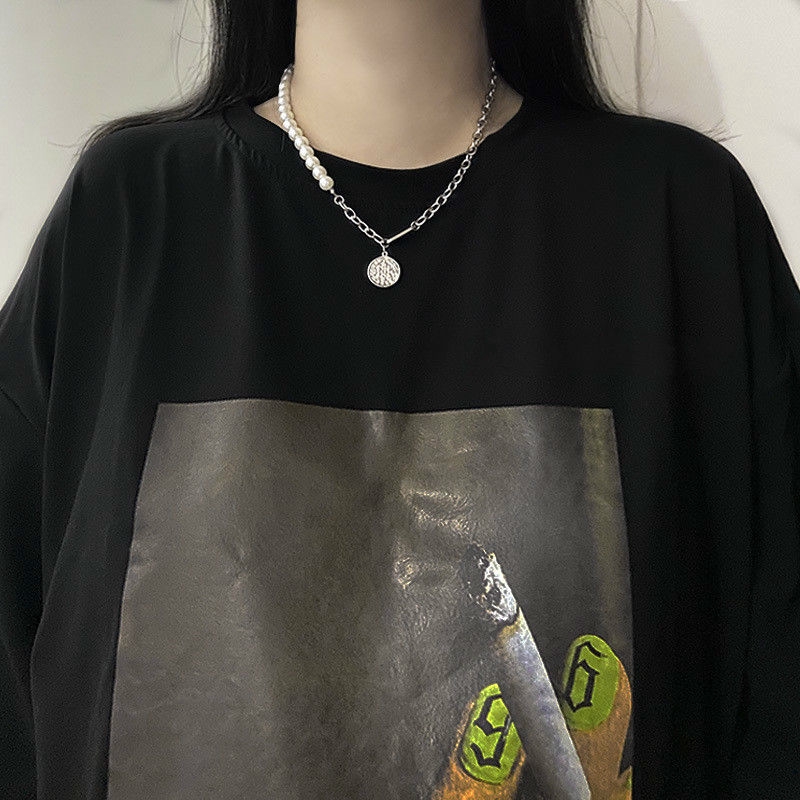 Dây Chuyền Bằng Thép Titan Không Phai Mặt Đính Hạt Ngọc Trai Phong Cách Hip Hop 22462