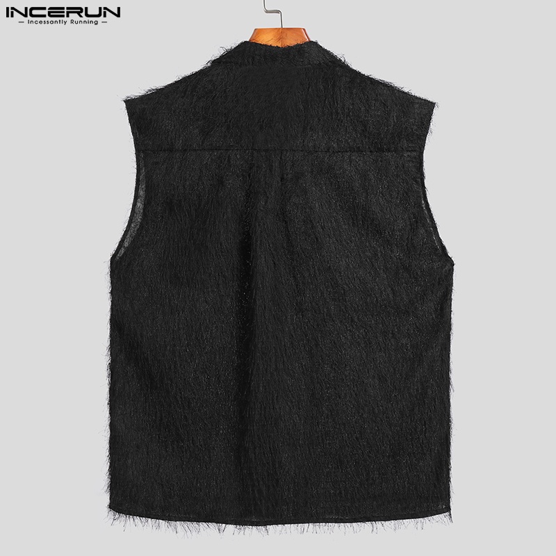 Áo sơ mi INCERUN sát nách màu trơn phối tua rua cài nút thời trang cho nam