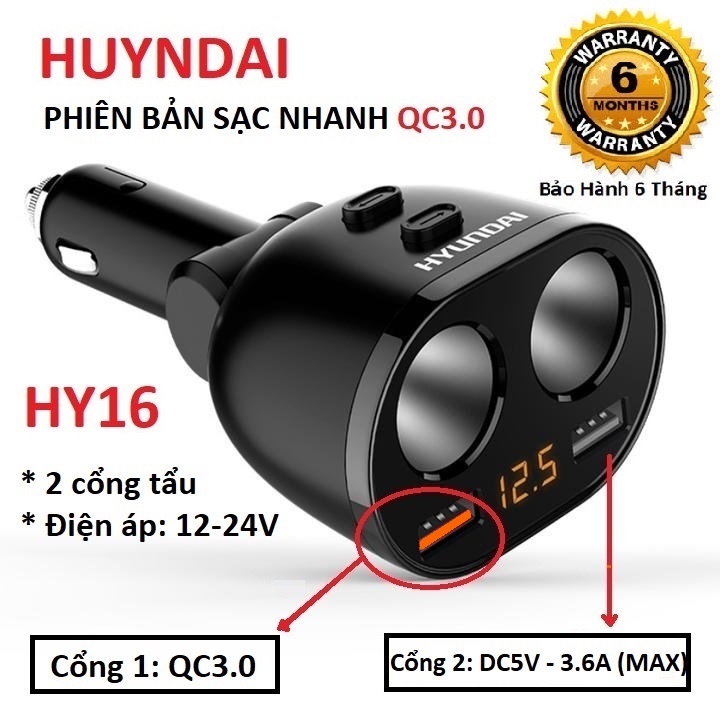 Tẩu sạc ô tô hiệu huyndai HY16 phiên bản sạc nhanh màn hình hiển thị điện áp với 2 dock sạc, 2 cổng USB sạc nhanh QC3.0