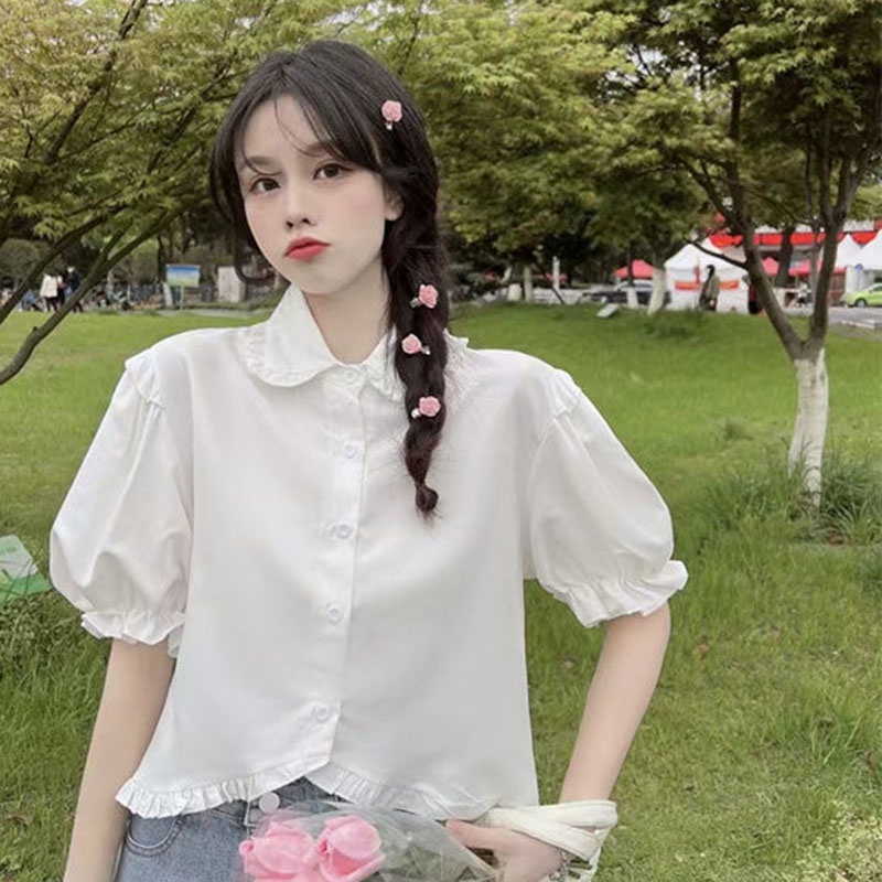 Áo IELGY tay phồng ngắn cổ búp bê phối bèo ngọt ngào cho nữ