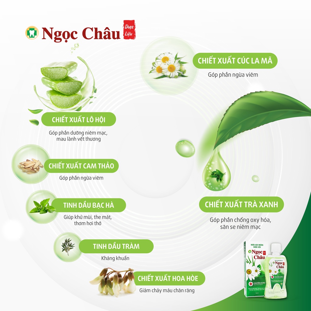 Nước súc miệng dược liệu Ngọc Châu - giảm nhiệt, hôi miệng từ trà xanh, bạc hà, tinh dầu tràm chai xúc 350ml