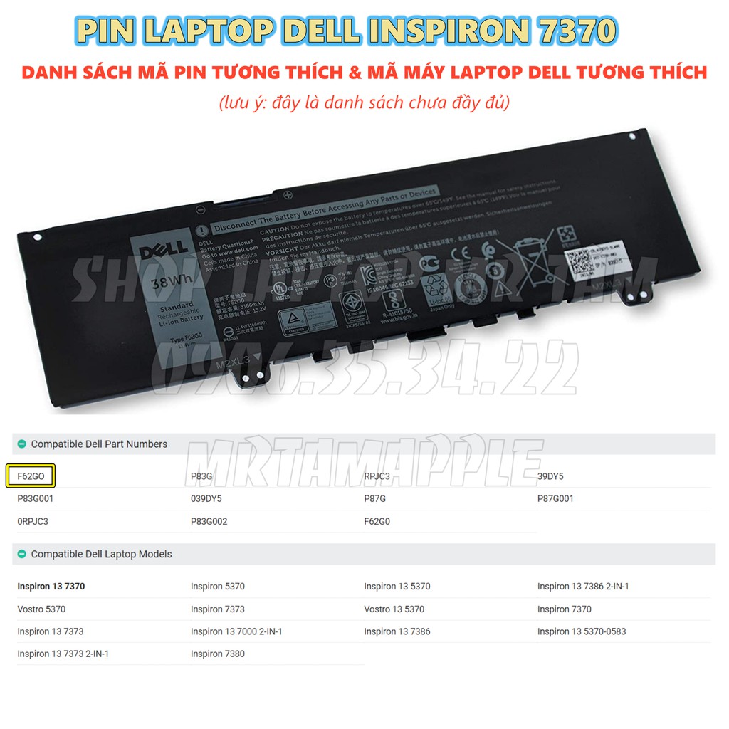 (BATTERY) PIN LAPTOP DELL INSPIRON 7370 38Wh (ZIN) - Inspiron 13 7370 7373 7386 5370, Vostro 5370, RPJC3 0RPJC3 F62G0