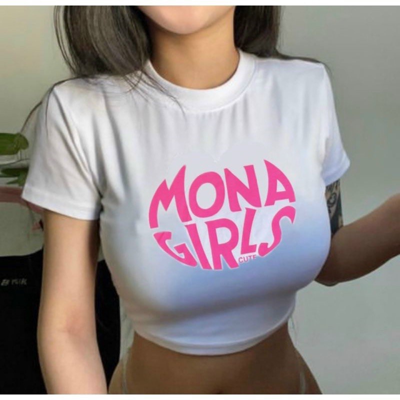 Áo croptop ôm body cổ tròn tay ngắn họa tiết chữ Mona Girls chất thun lụa mềm mịn - AO042