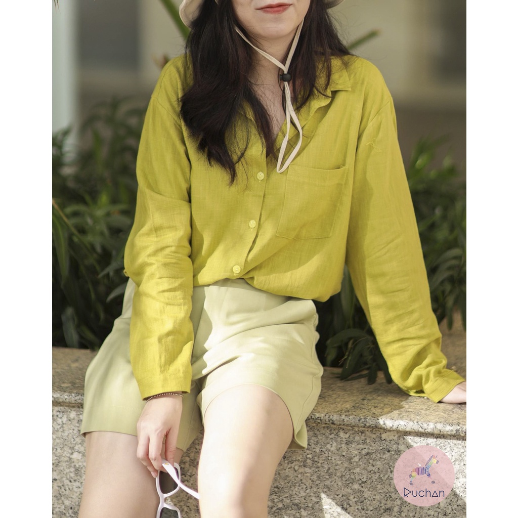 Áo sơ mi nữ form rộng RUCHAN tay dài linen kiểu dáng oversize basic có cổ thiết kế thời trang màu ôliu