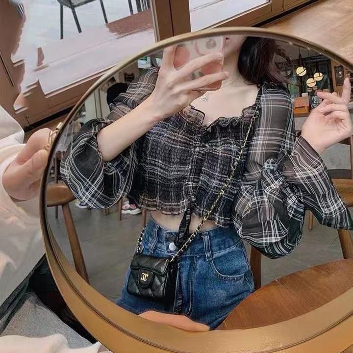 Áo Croptop Vải Voan Phối Dây Rút Kẻ Sọc Kiểu Retro Cho Nữ