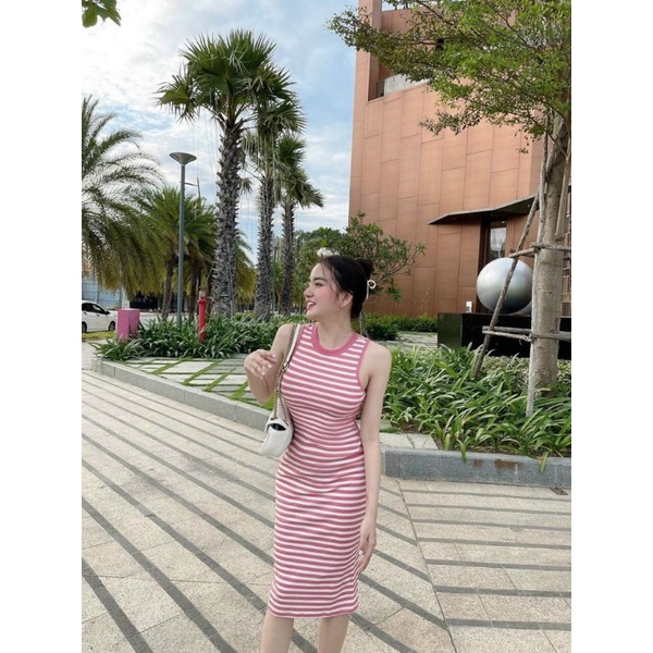 Đầm Thun Kẻ Sọc Ngang Ba Lỗ Sát Nách Cổ Tròn Dáng Dài - Form Ôm Body Sexy - Xanh Lá / Hồng - Váy Maxi Bánh Bèo Cute