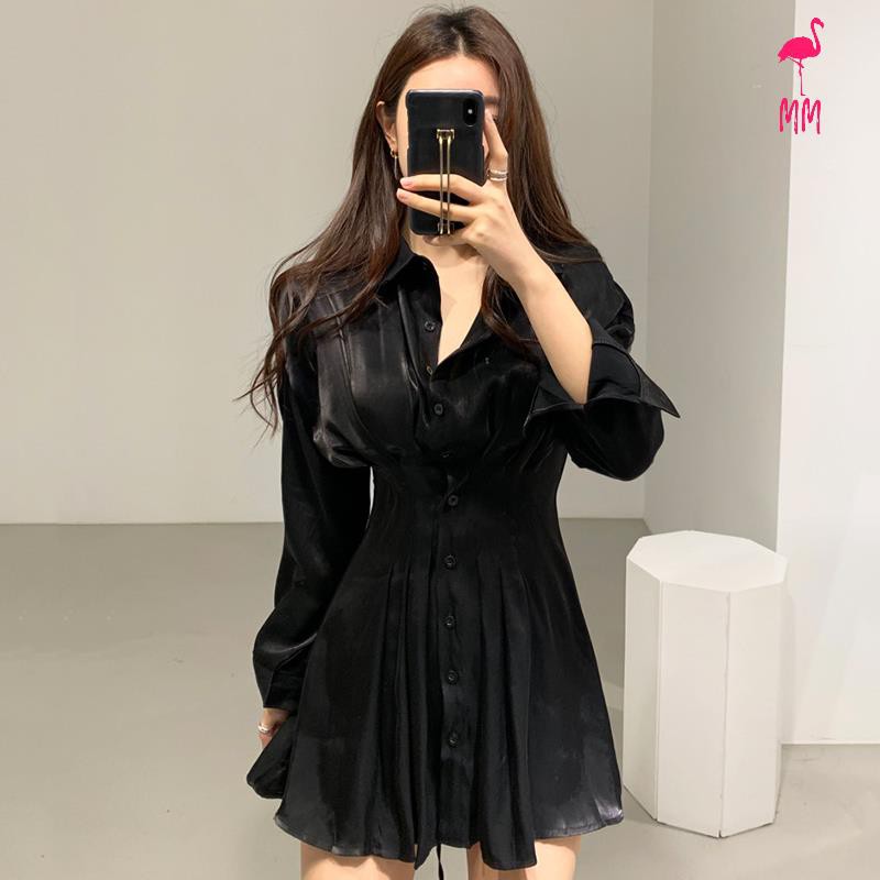 Đầm Nữ Dài Tay Cổ Bẻ Eo Thắt Dây Thời Trang Hàn