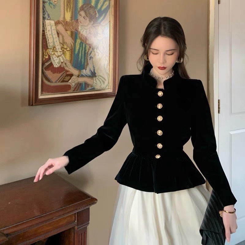 Áo sơmi nhung cổ tàu khuy đồng phong cách tiểu thư sang chảnh