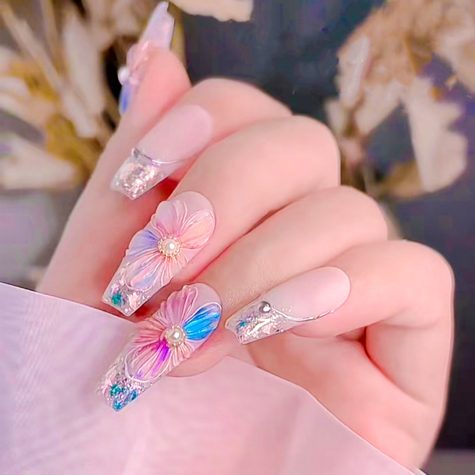 Miếng Dán Trang Trí Móng Tay Acrylic 5D Hình Hoa Hồng Xanh Dương Dễ Thương