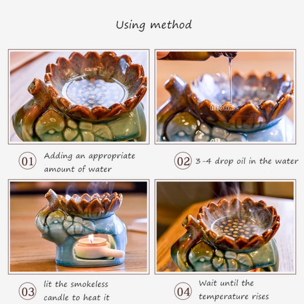 Đèn xông tinh dầu gốm sứ đốt nến Tealight mẫu voi miệng hoa tráng men rạn cao cấp đẹp và sang trọng