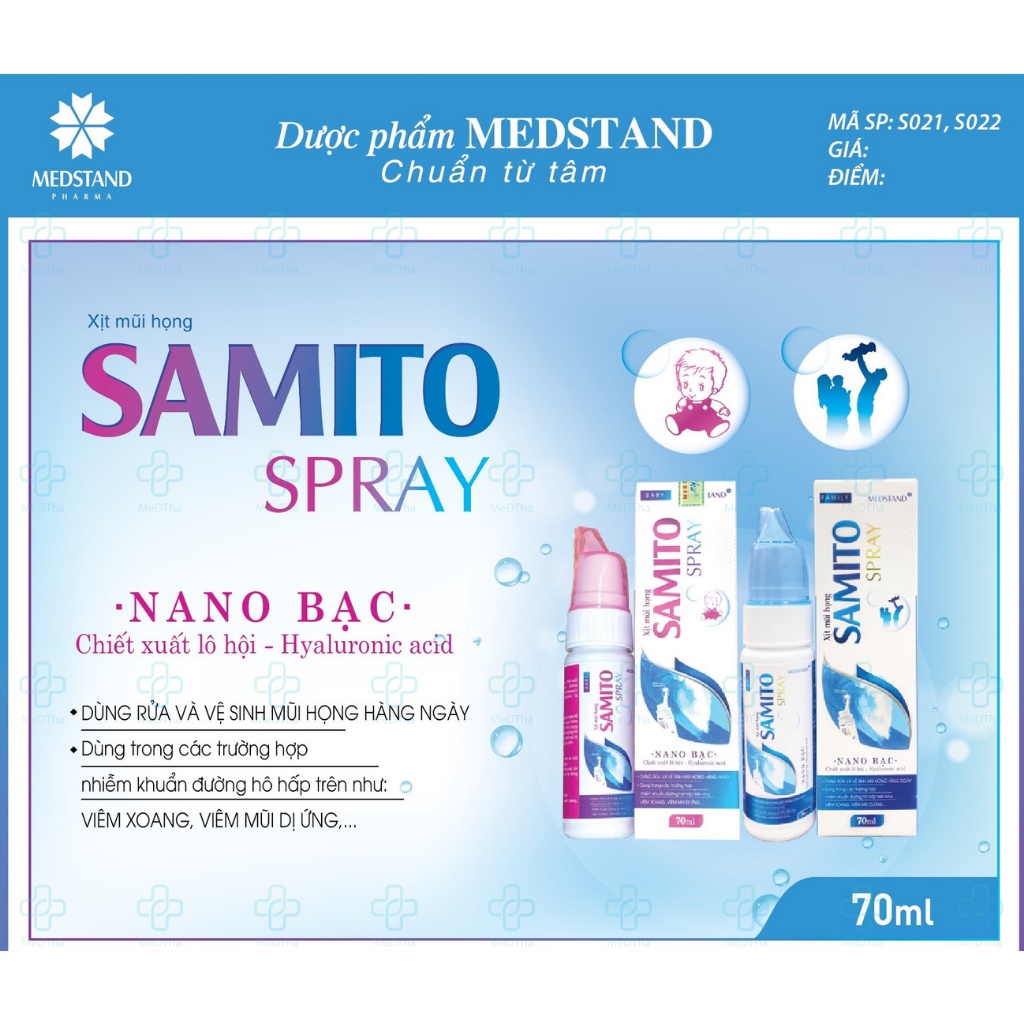 Xịt Mũi Họng SAMITO SPRAY Nano Bạc - Rửa và Vệ Sinh Mũi Họng, Bảo Vệ Đường Hô Hấp, Phòng Cảm Cúm (Lọ 70ml) [Chính Hãng]