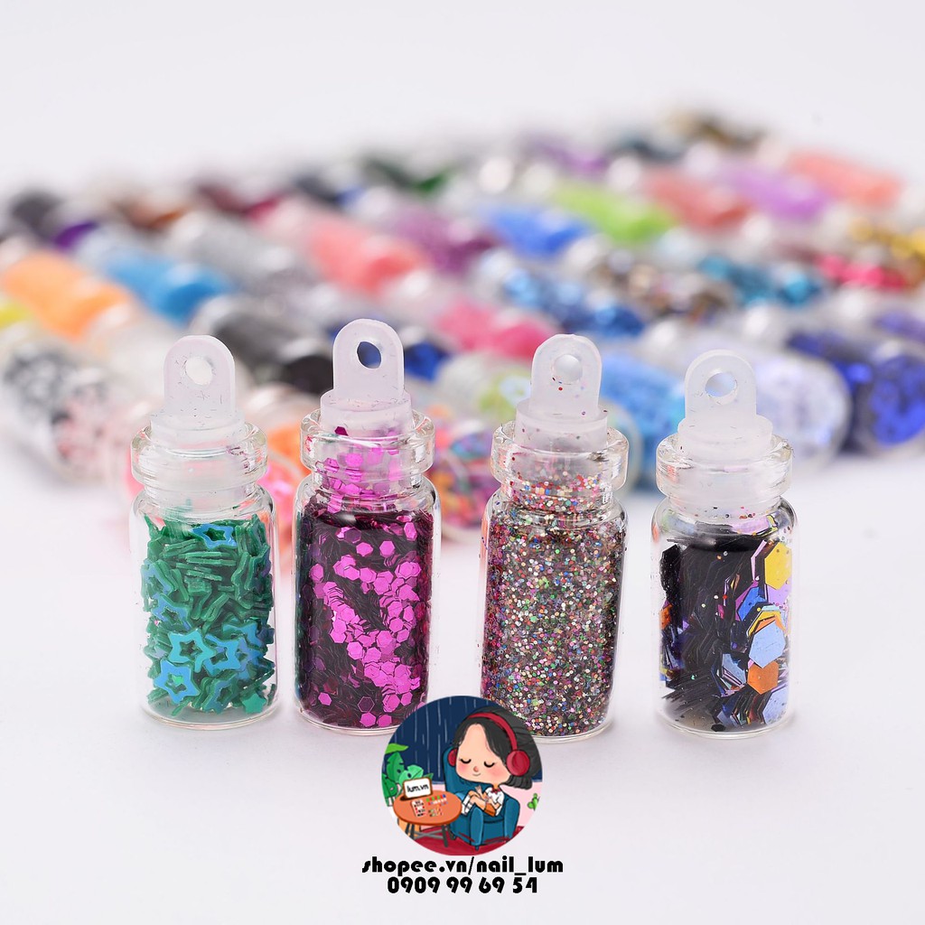 Set 48 Lọ Nhũ - Kim Tuyến - Hạt Trang Trí Móng Nail Đủ Màu