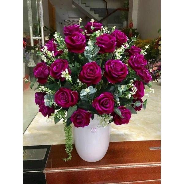 Bình Hoa hồng giả,hoa lụa chất liệu nhung tươi tắn giống thật, trang trí nội thất,phòng ngủ,phòng khách,làm quà tặng