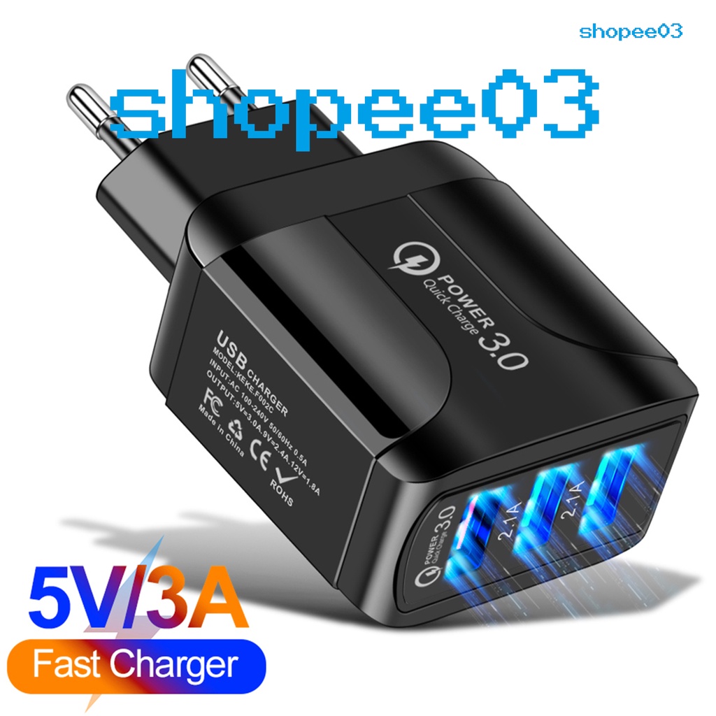 Củ sạc nhanh QC3.0 5.1A 3 cổng USB phích cắm EU/US cho điện thoại