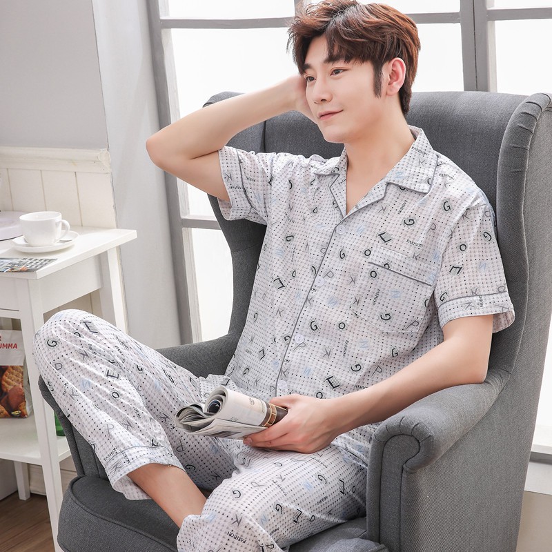 Bộ đồ ngủ nam kẻ sọc ngắn tay hoạt hình bằng vải cotton phục vụ tại nhà | BigBuy360 - bigbuy360.vn