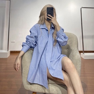 Áo sơ mi thô vạt chéo kẻ sọc oversize (ảnh thật)