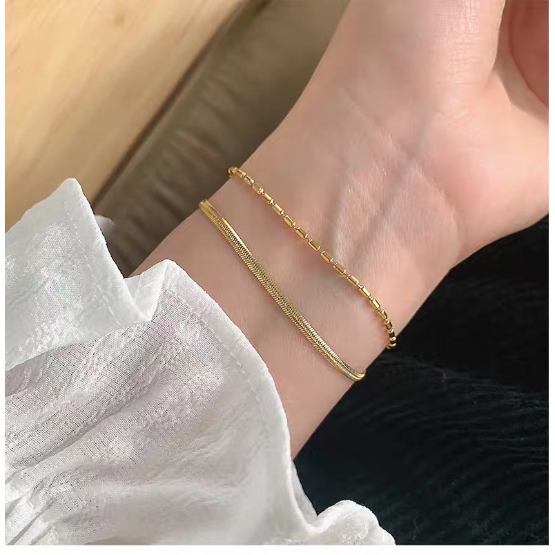 Vòng Tay Hai Lớp Bằng Thép Titanium Mạ Vàng Hồng / Vàng 18K Đơn Giản Dễ Phối Đồ