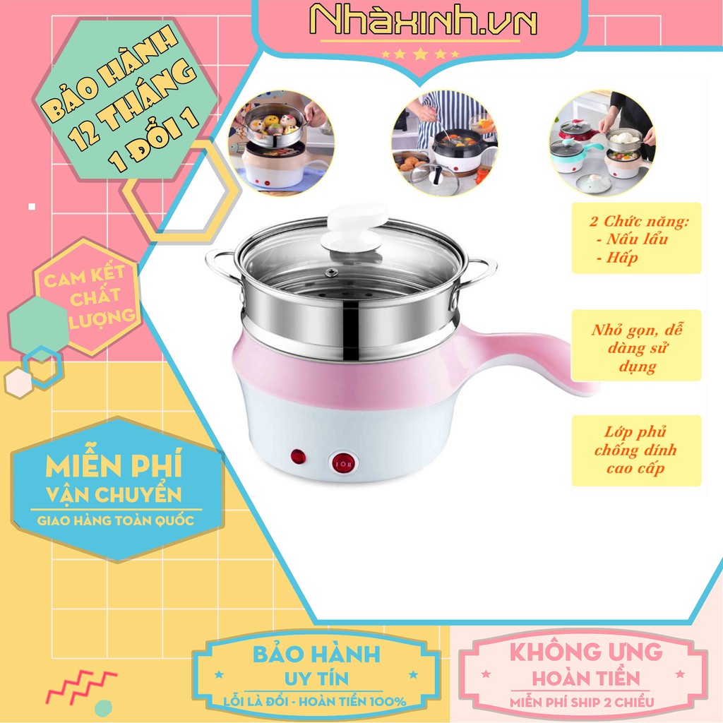 [Hàng Nội Địa] Nồi lẩu mini 2 tầng chống dính, nồi lẩu đa năng siêu tốc size 18cm kèm vỉ hấp - BH 12 Tháng