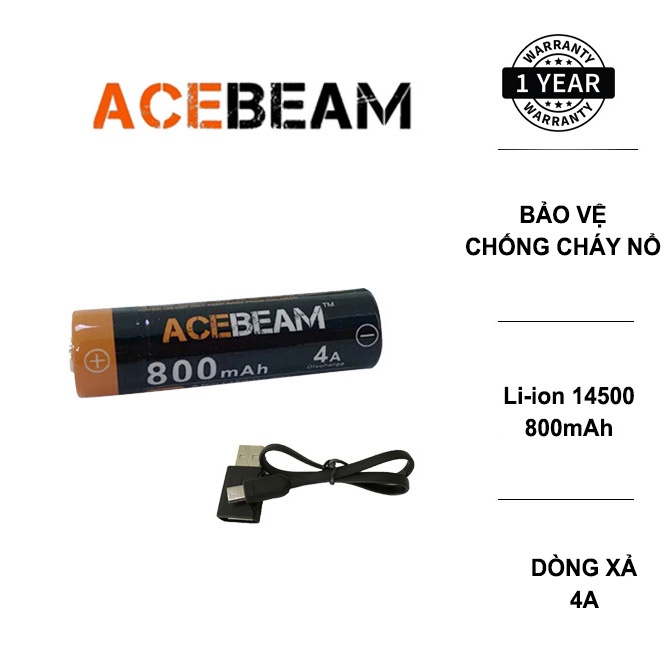 Pin sạc ACEBEAM 14500 có cổng sạc micro usb dung lượng 800mAh siêu bền bỉ