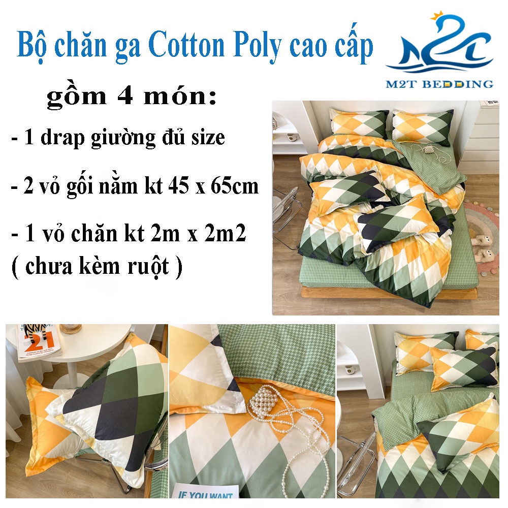 Bộ chăn ga gối Cotton Poly M2T Bedding, vỏ chăn mền, drap ga giường và 2 vỏ gối - PL ZZZ vàng xanh | BigBuy360 - bigbuy360.vn