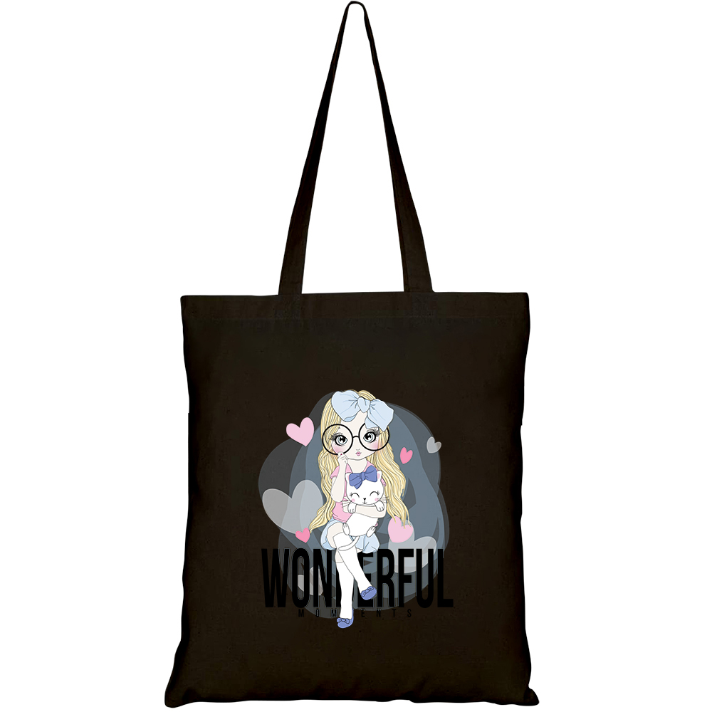 Túi vải tote canvas HTFashion in hình cute girl with cat HT100