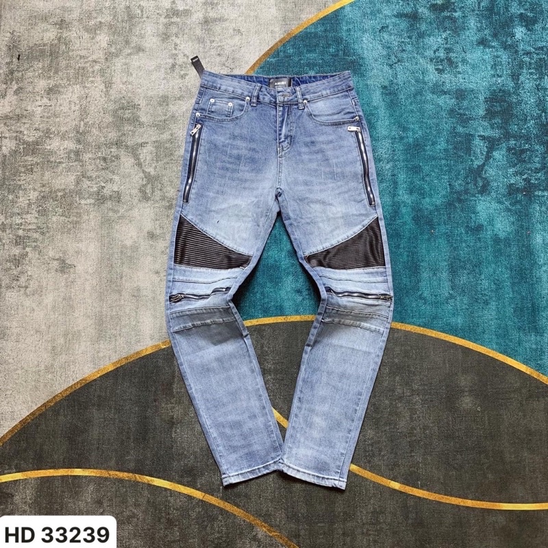 Quần Jeans Nam ARMI xanh thiết kế khoá gối và khoá đùi vá da nhăn cực đẹp