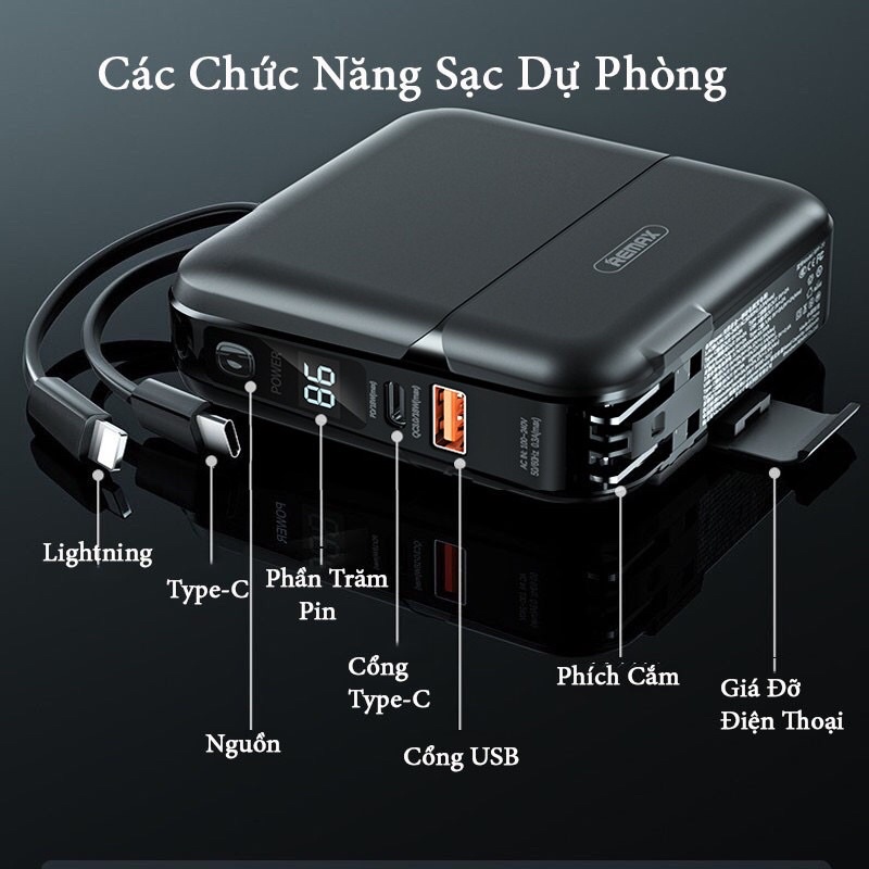 Pin Sạc không dây Romoss Qi 18W  Remax rpp-145 kiêm Pin dự phòng 15000mAh sạc 4 thiết bị cùng lúc