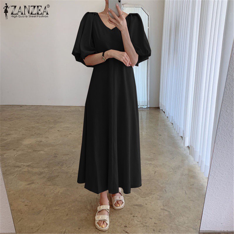 Đầm nữ ZANZEA dài cổ chữ V tay phồng màu trơn thiết kế dây buộc sau lưng thanh lịch