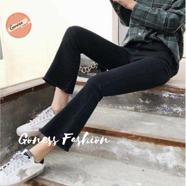 Quần bò ống loe Goness jean nữ retro cạp cao gấu rách màu đen phong cách Ulzzang