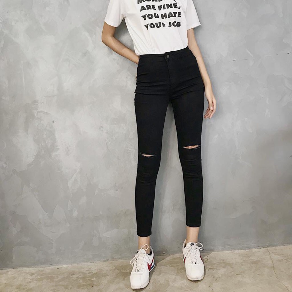 Combo Quần Lưng Cao Qua Rốn Đen Trơn Rách Gối