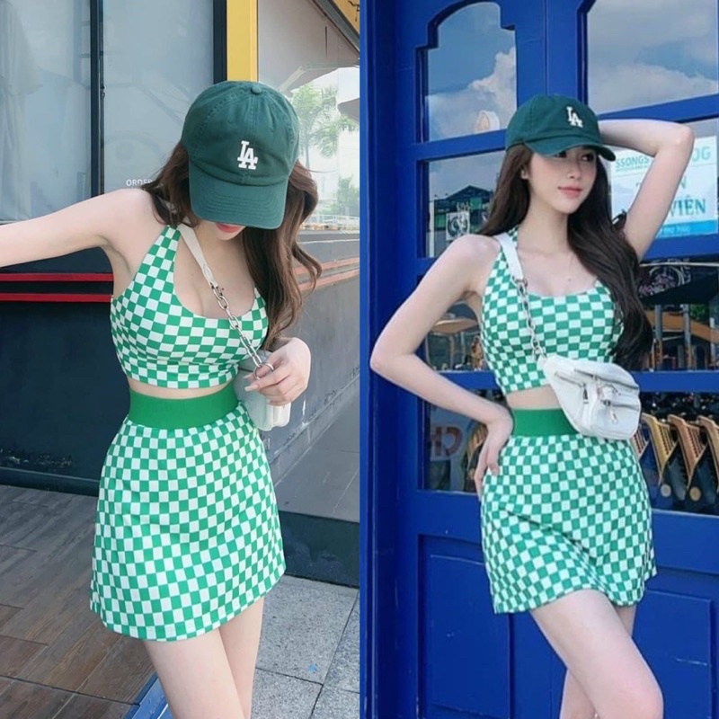 Set Bộ Yếm Caro Sọc Kèm Chân Váy A Ôm