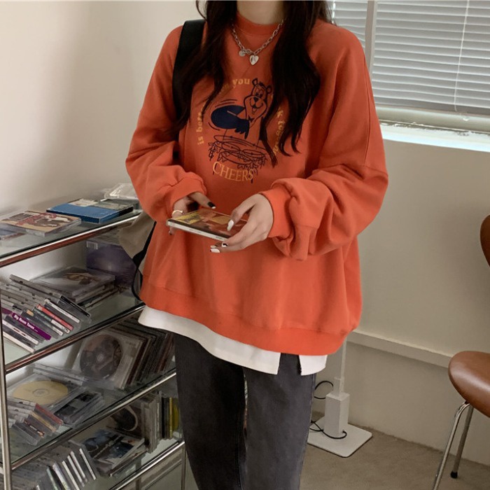 Áo nỉ dài tay dáng rộng in hình thời trang hàn quốc dễ phối đồ