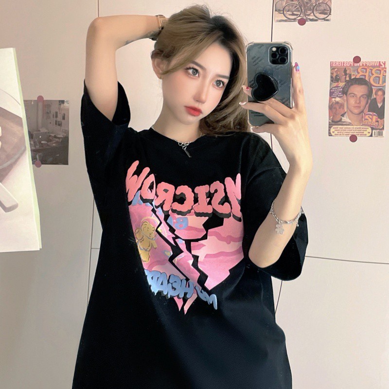 Áo thun tay ngắn in hoạt hình dáng rộng kiểu Hàn Quốc cho nữ