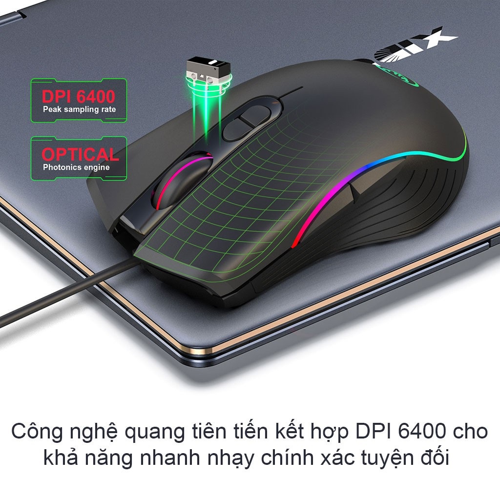 Chuột gaming máy tính có dây GGear HXSJ A867 led RGB 6400dpi bền bỉ cho game thủ cho laptop PC